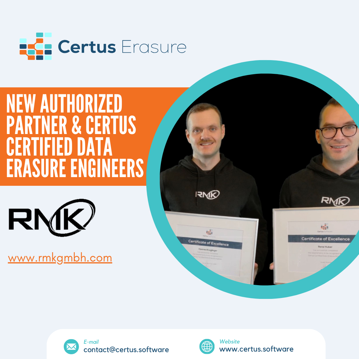 RMK team members holding Certus Certified Data Erasure Engineer certificates of excellence
